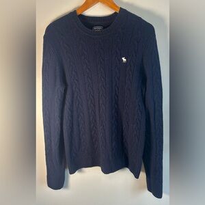 Abercrombie Fitch Mens Cable Knit Wool Nylon Sweater Size L Navy Blue Crewneck